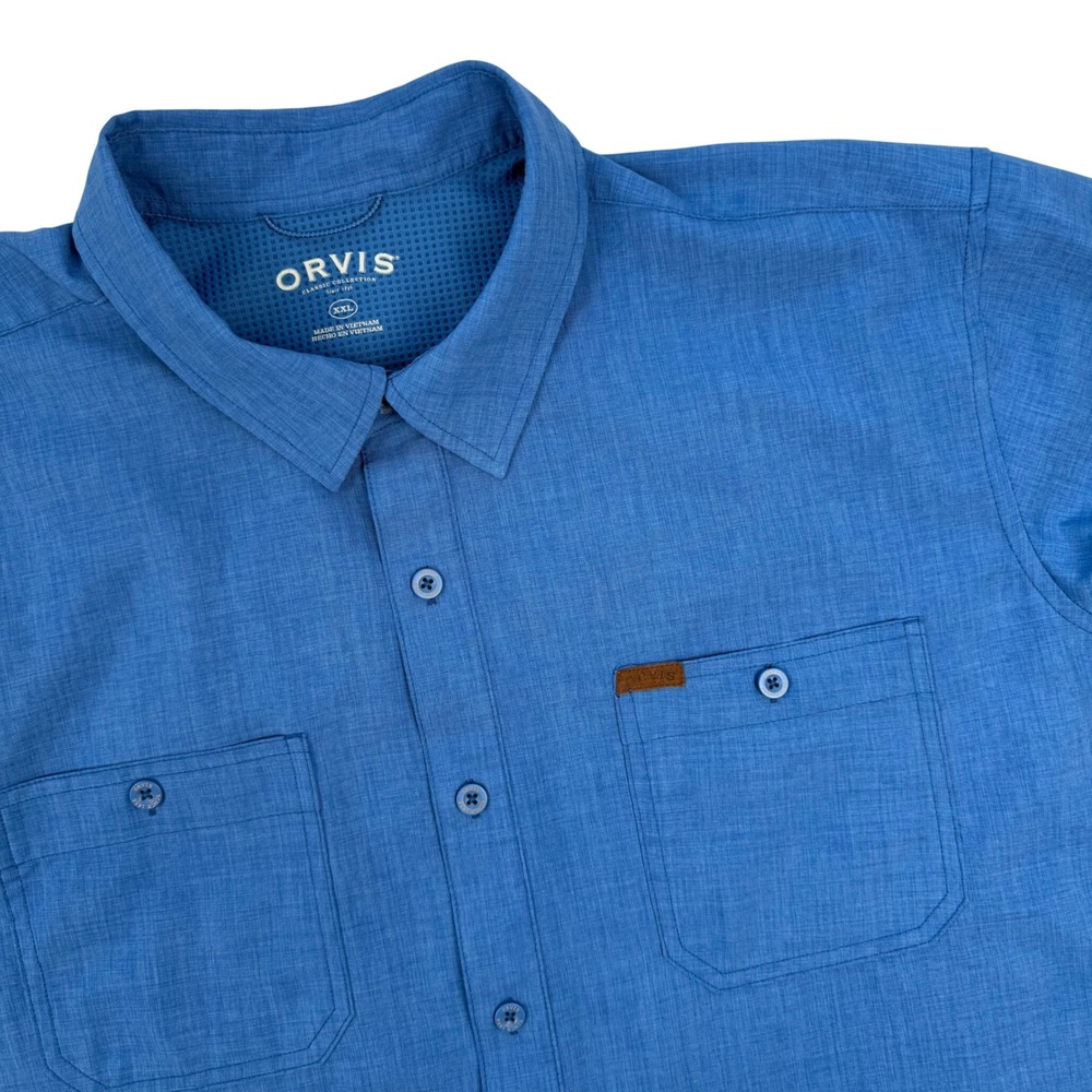 Orvis Mens XXL Blue Short Sleeve Button Up Shirt Classic Collection Outdoor
